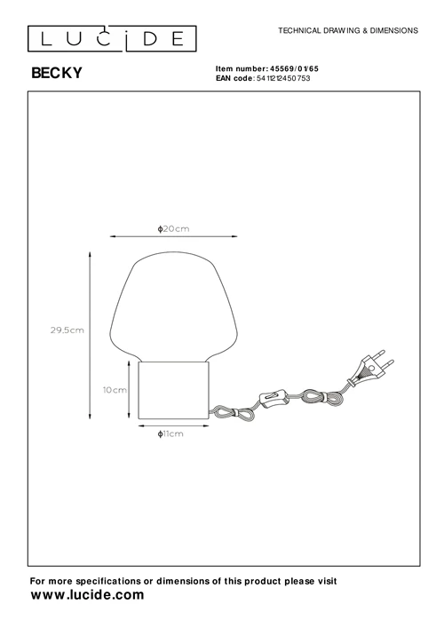 Lucide BECKY - Lampe de table - Ø 20 cm - 1xE27 - Fumé - technique